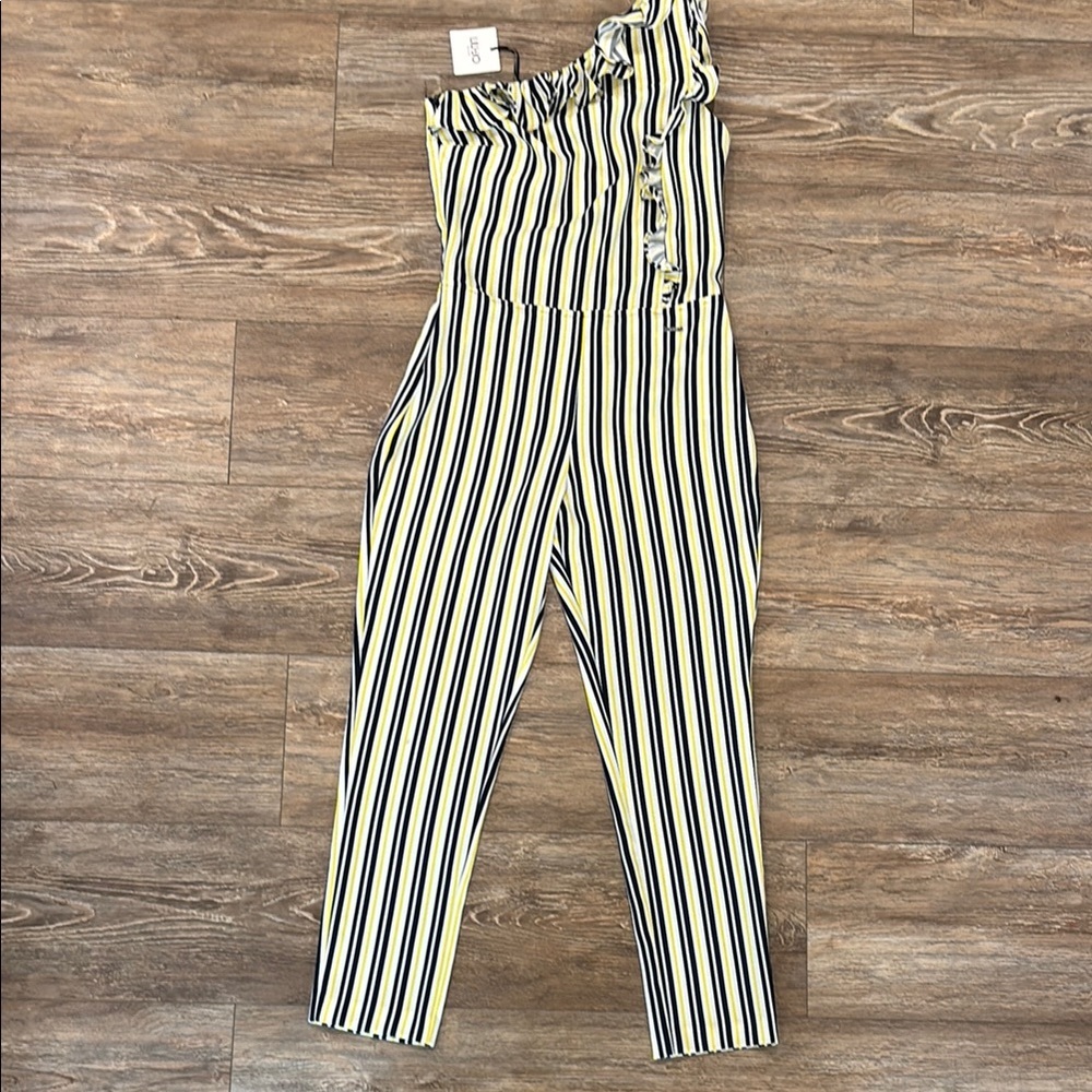 Liu Jo Yellow and Navy Striped One-Shoulder Jumpsuit